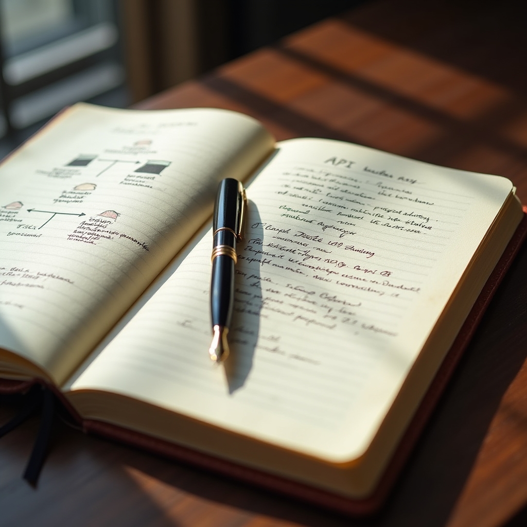 Close-up of a professional notebook with handwritten API design notes, ink pen resting on page