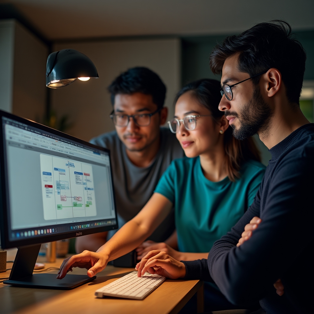 Engineering team of mixed ethnicities gathered around a monitor showing API schema, collaborative atmosphere, warm office lighting