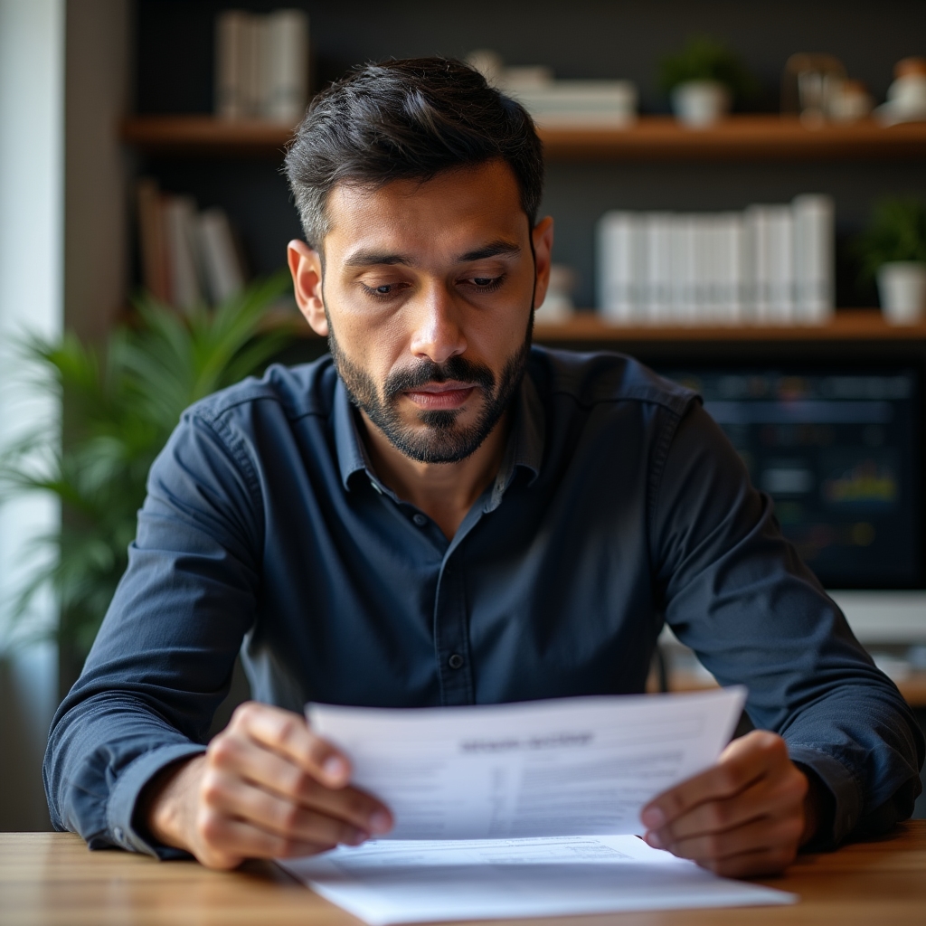 Mid-career product manager of South Asian descent at an organized desk reviewing a printed API spec, thoughtful expression, natural window light