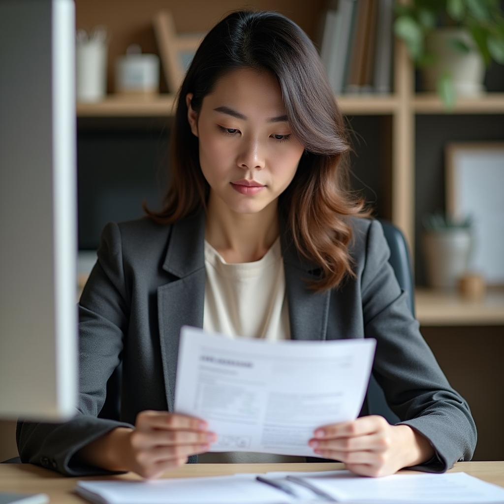 Mid-career professional woman of East Asian descent reviewing API design documents at a clean desk, thoughtful expression