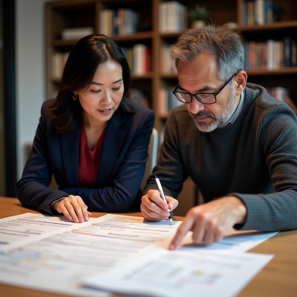 Two mid-career product professionals reviewing API documentation together, focused discussion